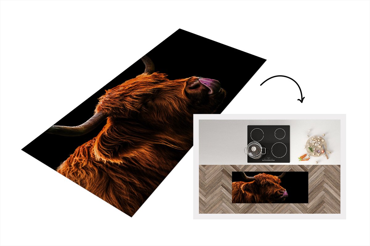 KitchenYeah Keukenloper - Loper keuken - Schotse Hooglander - Tong - Neus - 120x50 cm - Keukenloper vinyl Multicolor