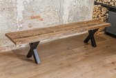 Bankje Eettafel Boomstam Hout 200x40-45 – Stalen X Bankpoten - Eetkamerbank – Keukenbank – Houten Bank