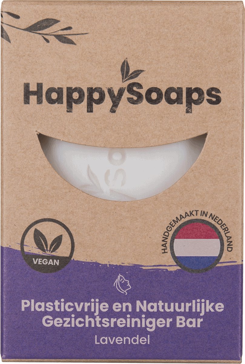HappySoaps Gezichtsreiniger Bar & Make-up Remover - Lavendel - Veelzijdig en Perfect Voor de Gevoelige Huid - 100% Plasticvrij, Vegan & Natuurlijk - 70gr