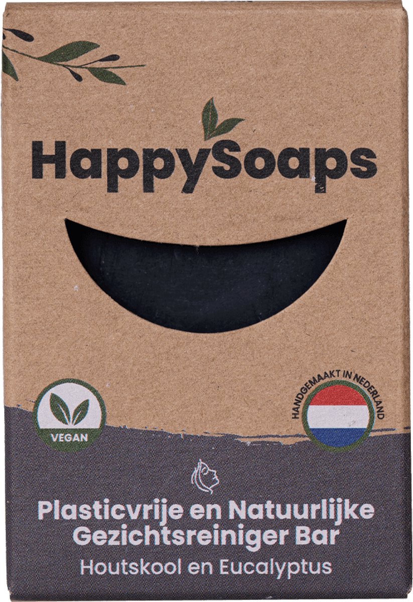 HappySoaps Gezichtsreiniger Bar & Make-up Remover - Houtskool & Eucalyptus - Fris, Kruidig en Zoet - 100% Plasticvrij, Vegan & Natuurlijk - 70gr