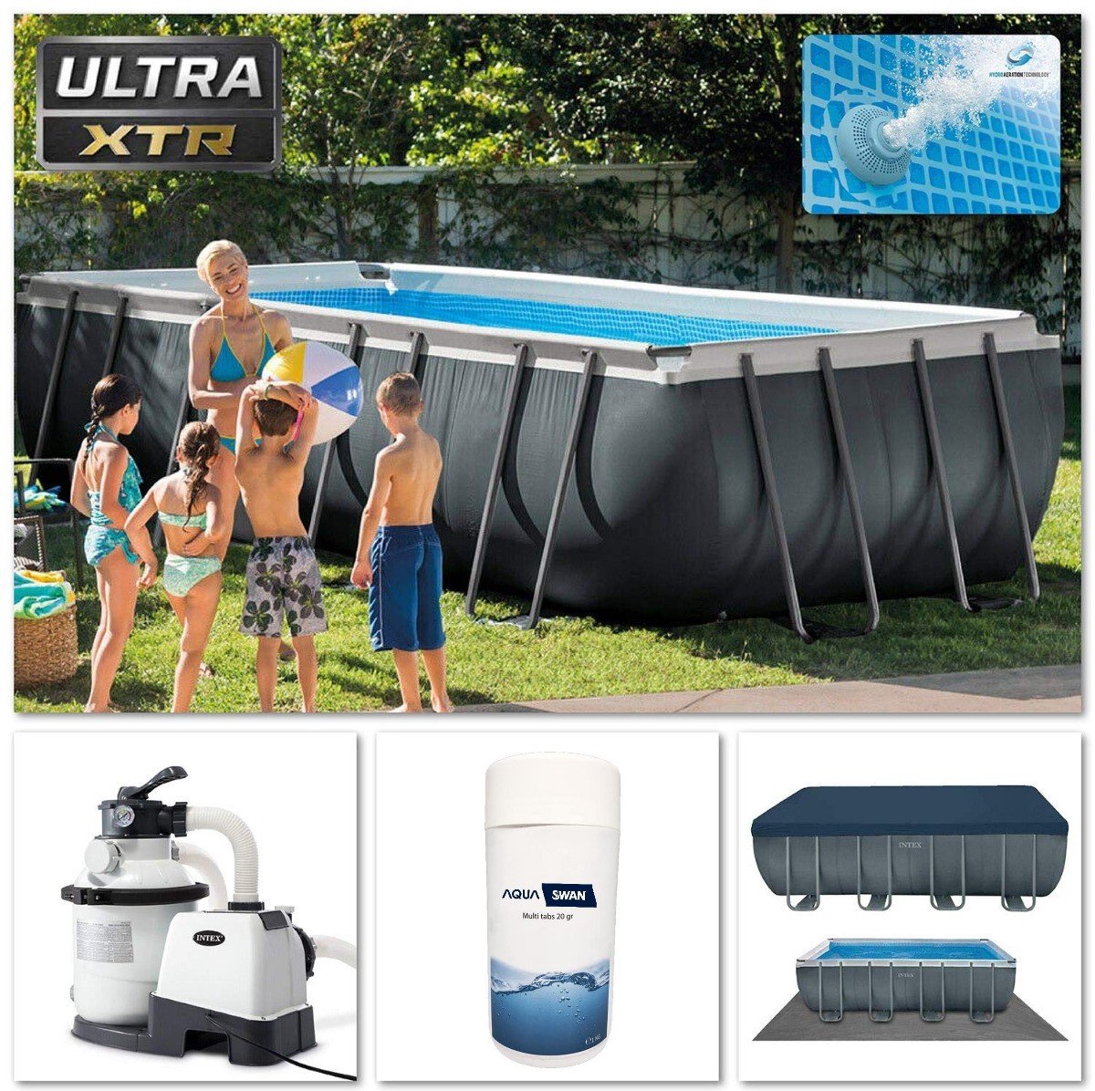 Intex Zwembad Ultra XTR Frame | Afmeting 975x488x132 cm | Inclusief Aquaswan onderhoudspakket & opblaasbare zwaan | Inclusief afdekzeil | Inclusief filterpomp | Inclusief grondzeil | Inclusief ladder