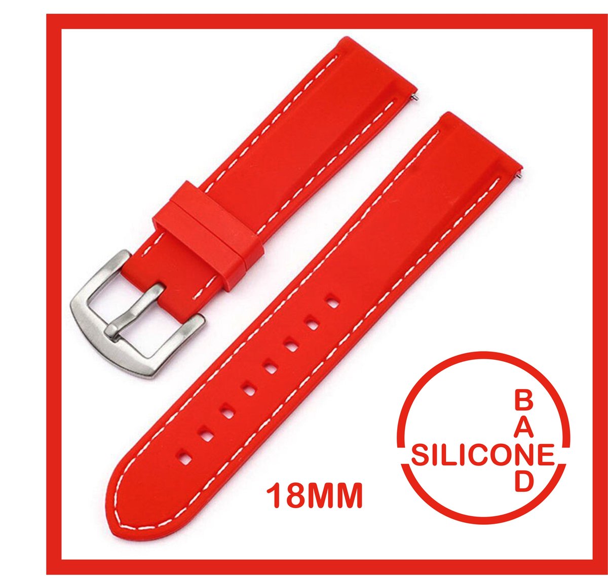 18mm Rubber Siliconen horlogeband Rood met witte stiksels passend op o.a Casio Seiko Citizen en alle andere merken - 18 mm Bandje - Horlogebandje horlogeband