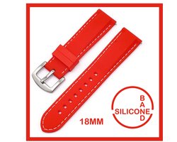 18mm Rubber Siliconen horlogeband Rood met witte stiksels passend op o.a Casio Seiko Citizen en alle andere merken - 18 mm Bandje - Horlogebandje horlogeband