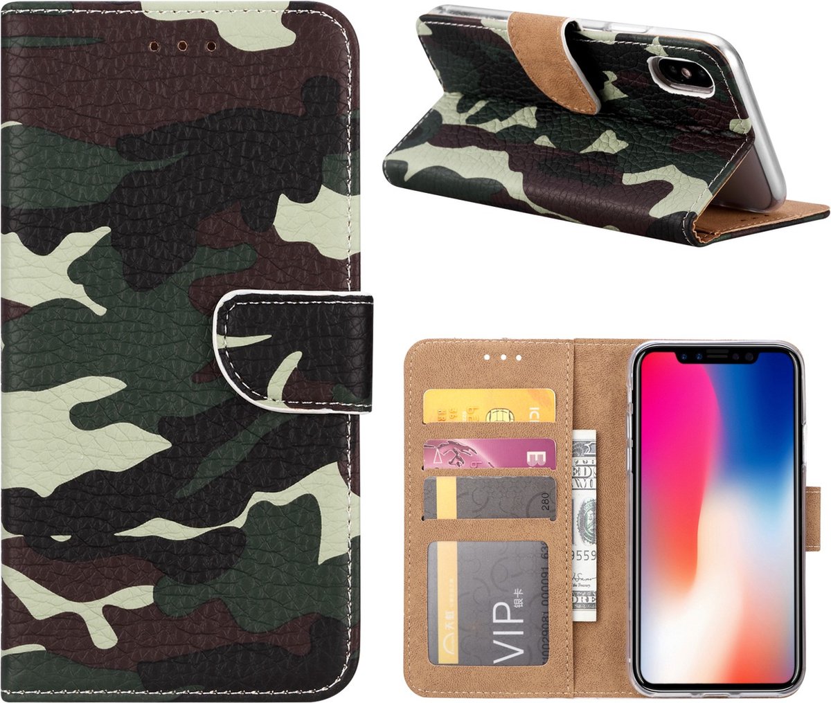 Cityhoesje - iphone X-XS - Bookcase hoesje - incl. Pasjeshouder Camo Groen