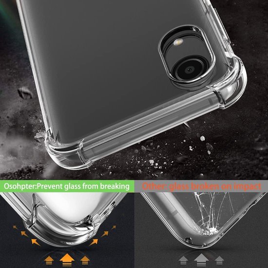 Detail van een transparant telefoonhoesje met versterkte hoeken, met tekst over impact bescherming.