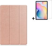 Geschikt voor Samsung Galaxy Tab S6 Lite Hoesje - 10.4 inch - Tab S6 Lite Screenprotector - Samsung Tab S6 Lite Tri fold book case hoes Rosegoud + Tempered Glass