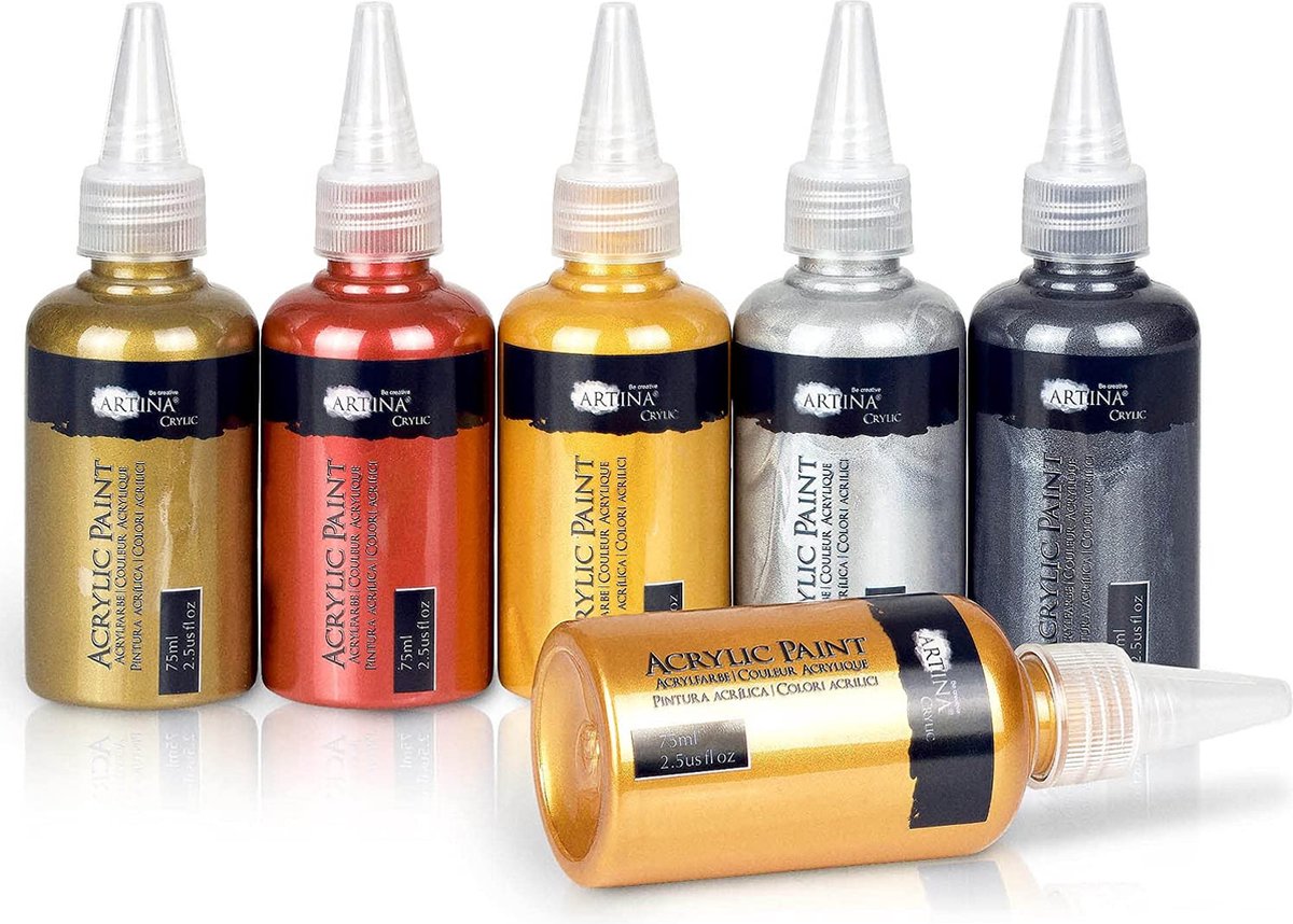 Artina Crylic - Acrylverf Set Metallic 6x75ml - Acrylverf Goud, Zilver, Brons, Koper - Lichtgevende Acrylverf voor Canvas, Klei, Papier, Beton — afbeelding 2
