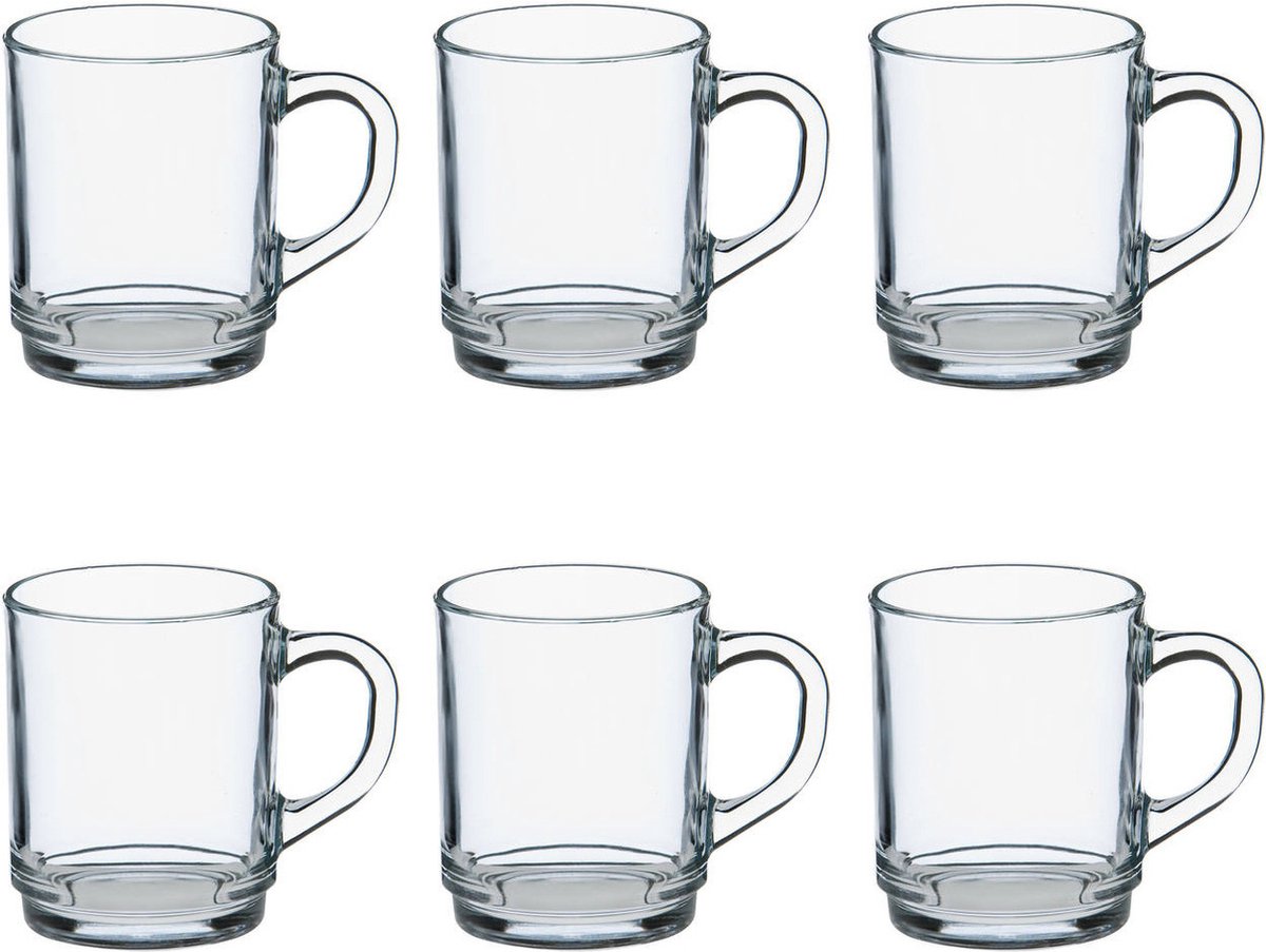Duralex Theeglazen Versailles - 12x stuks - glas - 260 ml - met oor - transparant hard glas