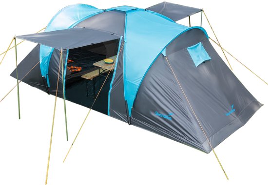 Skandika Hammerfest 4 Tent – Koepeltenten - 4 persoons campingtent – 200 cm stahoogte - Muggengaas – 2 slaapcabines – 200 cm stahoogte - 220 x 500 x 200 cm (LxBxH) - 2000 mm waterkolom – Outdoor, Camping, Tuin - Kamperen – grijs/blauw