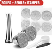 Hervulbare Nespresso koffiecups - Nespresso Capsule - RVS - 2 cup + stamper - 8 afdichtfolie