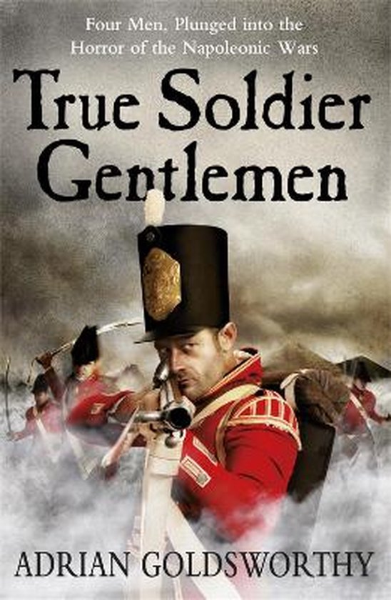 Boekomslag met Napoleontische soldaten, een man op de voorgrond met een geweer en hoge hoed. Vier mannen in rode uniformen met sabel.