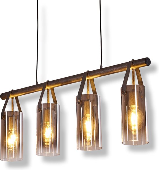 BELANIAN.NL - Industriële Hanglamp - Hanglampen - Mella hanglamp zwart, grijs, 4 lichts - moderne handgemaakte loft design plafondlamp -  Chroom, rookkleurig, transparant