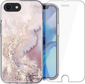 Hoesje voor iPhone SE 2020 / 8 / 7 - Siliconen Shock Proof Case Back Cover Hoes Marmer Roze + Screenprotector Gehard Glas Screen Protector