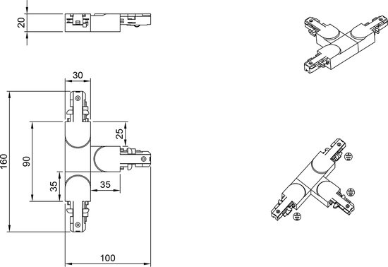 Connecteur de rail de tension - Trion Dual - Connecteur en T - Terre Droite - 2 Phases - Noir Zwart
