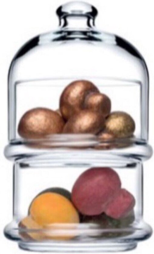 Gedetailleerde glazen pot met twee lagen, gevuld met gouden en rode chocoladeballen.
