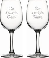 Gegraveerde witte wijnglas 26cl De Leukste Tante-De Leukste Oom