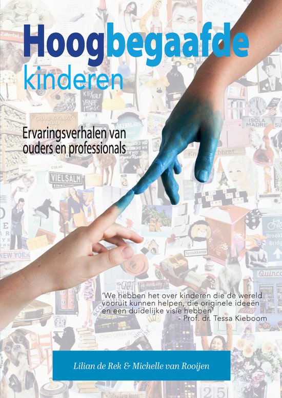 Boekcover met twee handen die elkaar aanraken met blauwe verf. Titel 'Hoogbegaafde kinderen'.