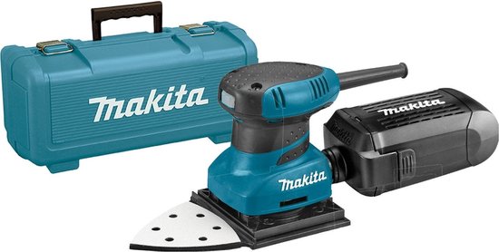 Turquoise Makita opbergkoffer en turquoise/zwarte Makita schuurmachine met delta schuurzool.