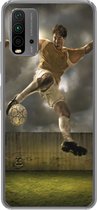 Geschikt voor Xiaomi Redmi 9T hoesje - Een illustratie van een voetballer die tegen de bal schopt - Jongens - Jongetje - Kids - Siliconen Telefoonhoesje