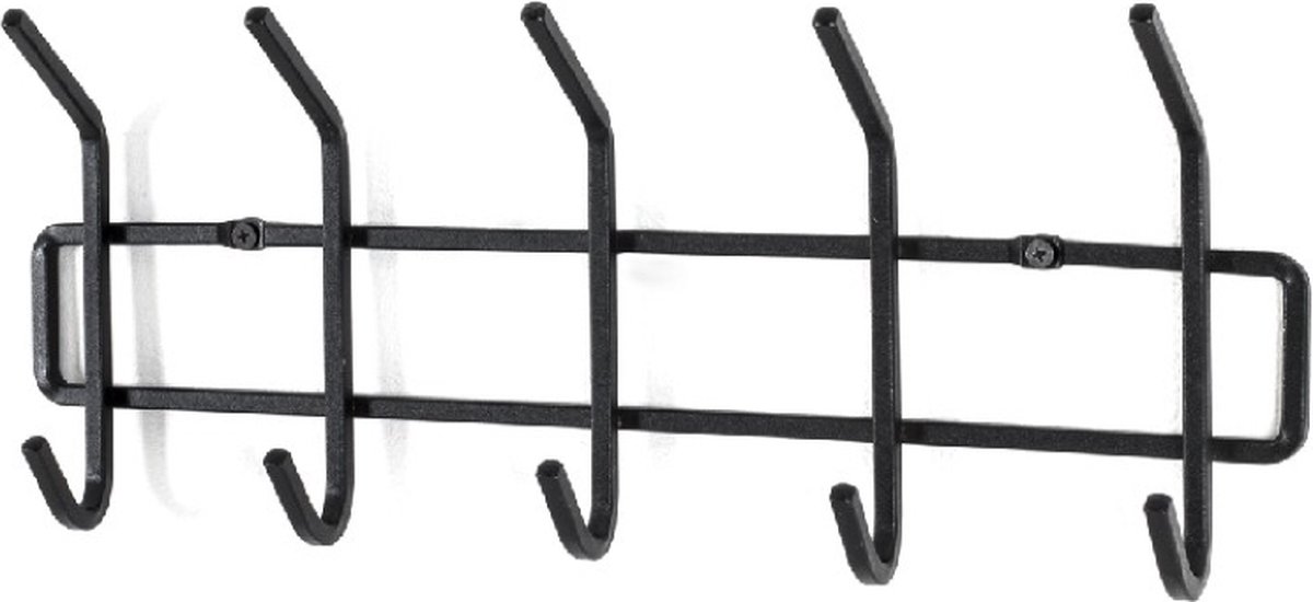 Wandkapstok – Zwart gepoedercoat staal – 10 haken – 42x7x16 cm – Gemonteerd geleverd