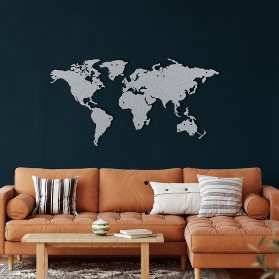 Foto: Wanddecoratie wereldkaart world map decor metal wall art muurdecoratie woonkamer zilver 101x53cm