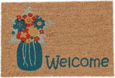 Relaxdays deurmat kokos - "Welcome" - voetmat - vaas met bloemen - 40x60 cm - natuur