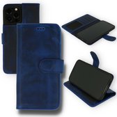 iPhone 13 Pro Max Hoesje Blauw - Handgemaakt Echt Lederen Portemonnee Book Case