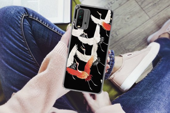 Coque Xiaomi Redmi 9T - Japandi - Grue - Rouge - Wit - Coque de téléphone en Siliconen