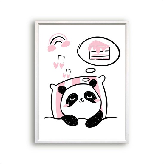 Poster Roze Panda Slapend met Cake - Hartjes - Meisjeskamer - Babyshower / Geboorte Cadeau - Babykamer - 50x40cm - Postercity