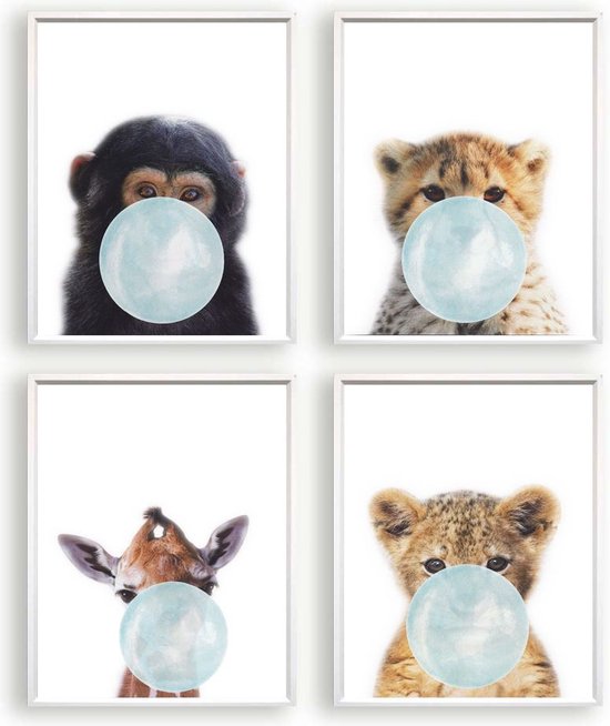 Postercity - Design Canvas Poster Jungle Set Baby Aapje, Giraffe, Cheeta en Tijger met Blauwe Kauwgom / Kinderkamer / Dieren Poster / Babykamer - Kinderposter / Babyshower Cadeau / Muurdecoratie / 50 x 40cm