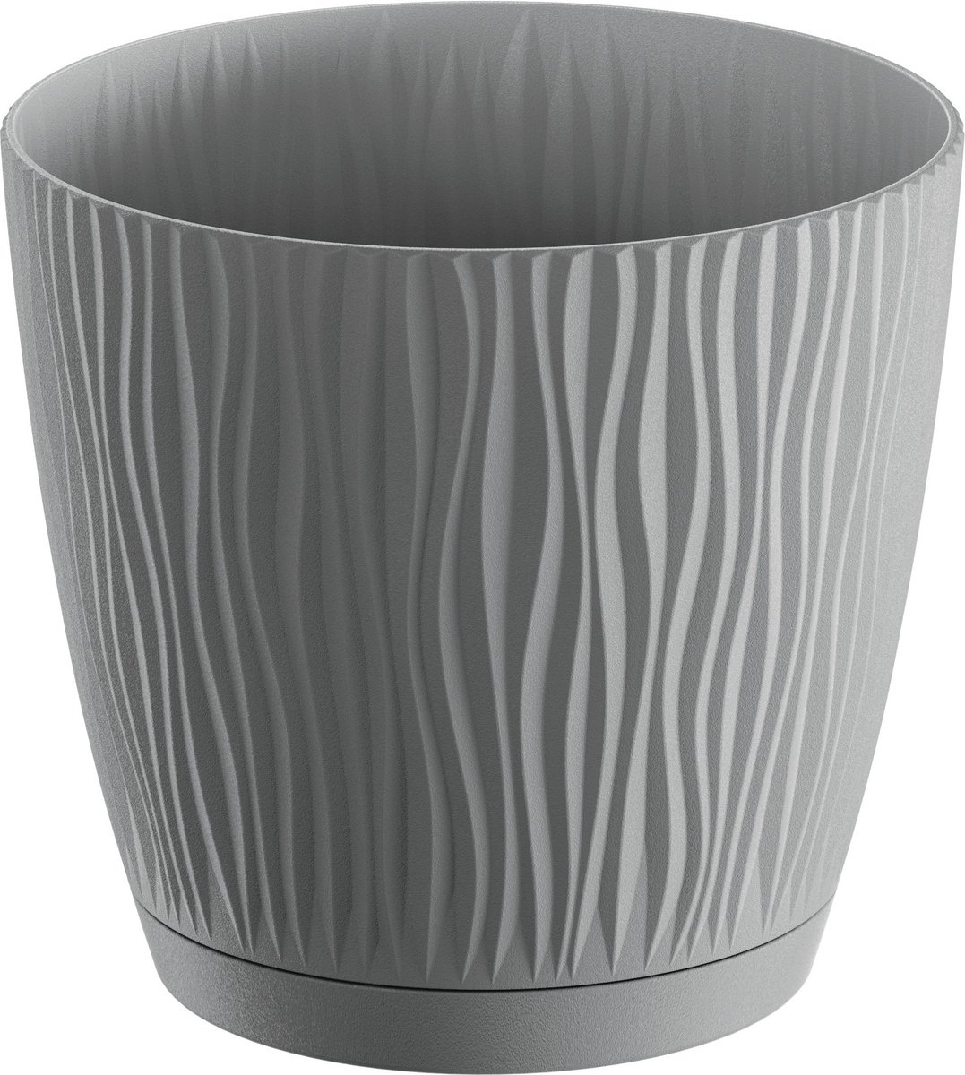 Prosperplast Plantenpot Waves - kunststof - steengrijs - D15xH14 cm - binnen/buiten - bloempot met opvangschaal