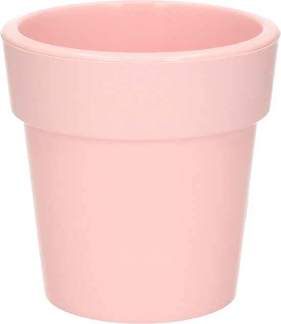 Lichtroze kunststof plantenpot met een brede, dubbele rand.