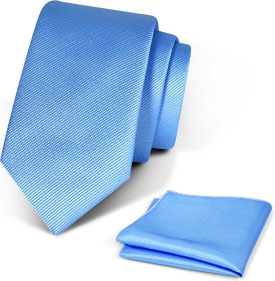 Premium Ties - Luxe Stropdas Heren + Pochet - Set - Polyester - Lichtblauw - Incl. Luxe Gift Box!