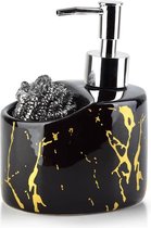 Affekdesign Cristie zeepdispenser / zeeppompje keramiek - marmer look - 9 x 11 x 15 cm - zwart / goud - luxe en elegant design - handzeepdispenser - inclusief schuursponsje
