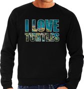 Tekst sweater I love turtles met dieren foto van een schildpad zwart voor heren - cadeau trui zeeschildpadden liefhebber