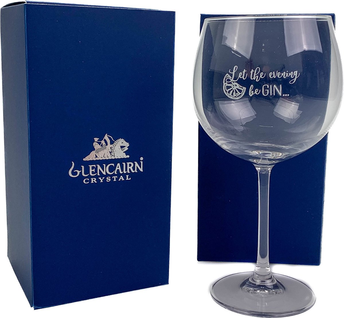 Gin glas Jura Gegraveerd met Let the evening beGIN - Geschenkverpakking - Glencairn Crystal Scotland