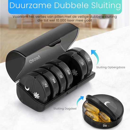 Pilulier GEASY 7 jours 2 compartiments - Pilulier avec boîte de rangement pratique pour les déplacements - Verrouillage fort - Néerlandais - Zwart