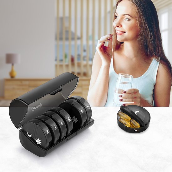 Pilulier GEASY 7 jours 2 compartiments - Pilulier avec boîte de rangement pratique pour les déplacements - Verrouillage fort - Néerlandais - Zwart