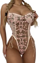 Embroidered Lingerie Body | Teddy Strap Underwear | Roze - S