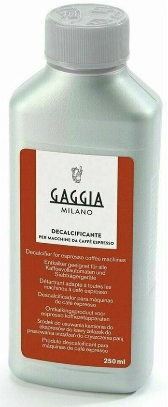 Gaggia Milano fles ontkalker met rode en witte label, inscriptie 'GAGGIA MILANO DECALCIFICANTE', en 250ml.