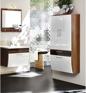 Badkamermeubelset hoogglans wit, notenhoutkleurig, spiegel, hoge kast (3-delig)