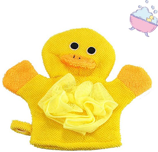 Washand met spons voor baby en kinderen  - Eendje - Washandjes - Washandschoen - Badspons - Douche spons - Washandje - Geel