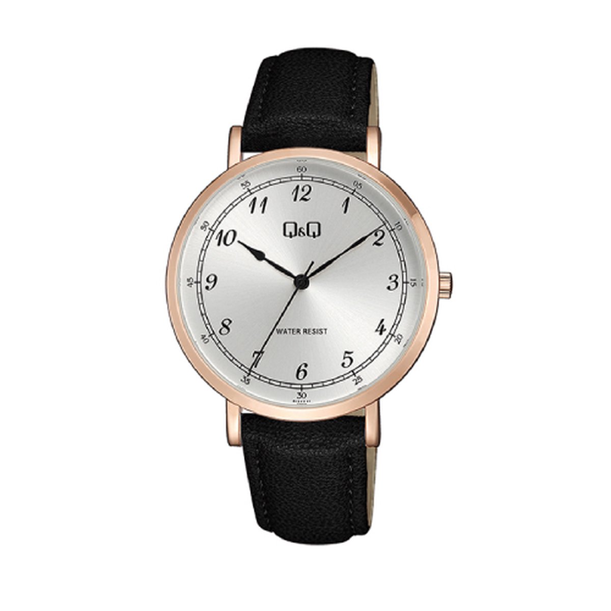 QQ QA20J114Y - Horloge - Analoog - Unisex - Leren band - Rond - Metaal - Cijfers - Zwart - Rosékleurig - Zilverkleurig - 3ATM