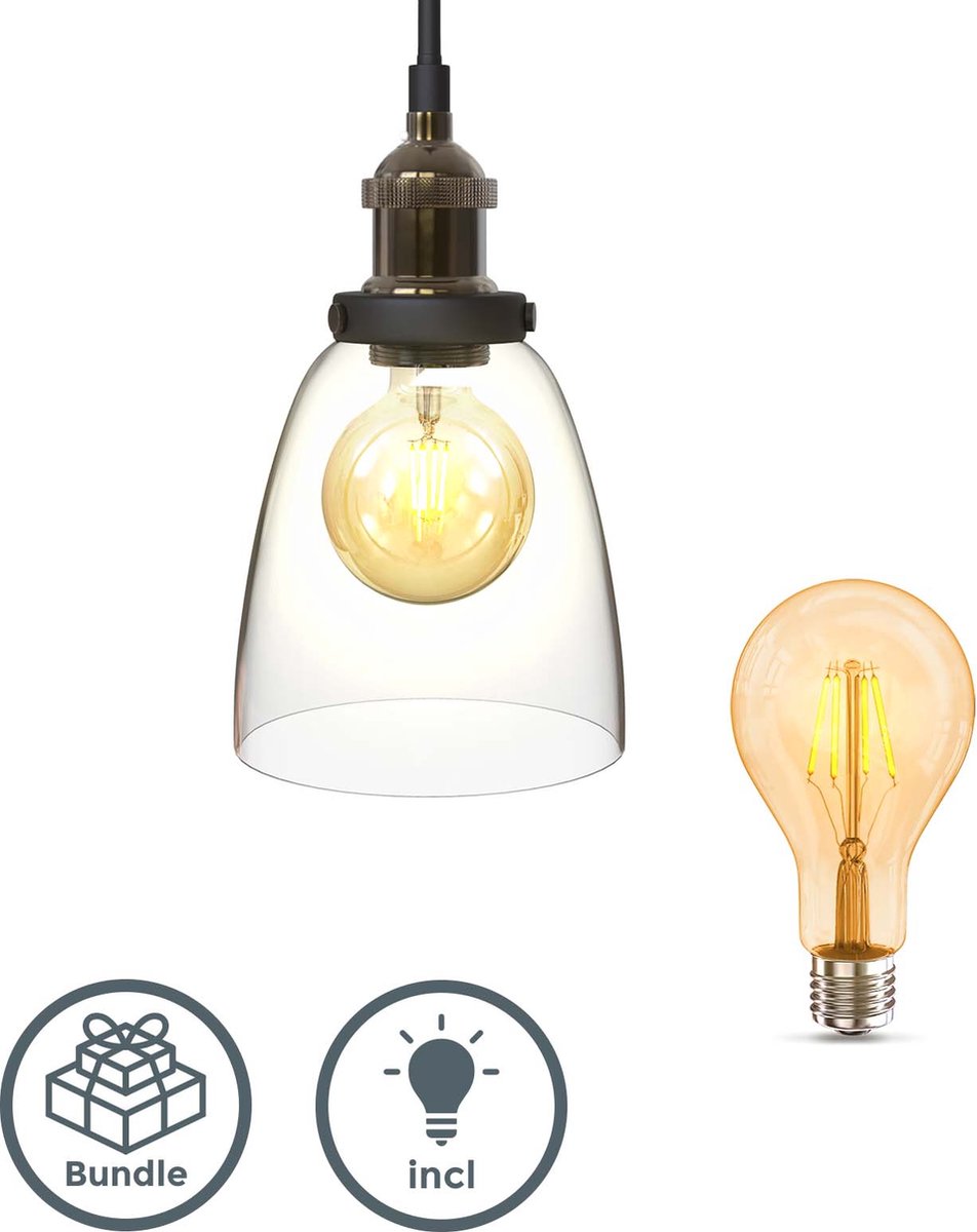 B.K.Licht - Hanglamp met retro lichtbron - industriële glazen lamp - woonkamer - met 2x E27 lichtbronnen