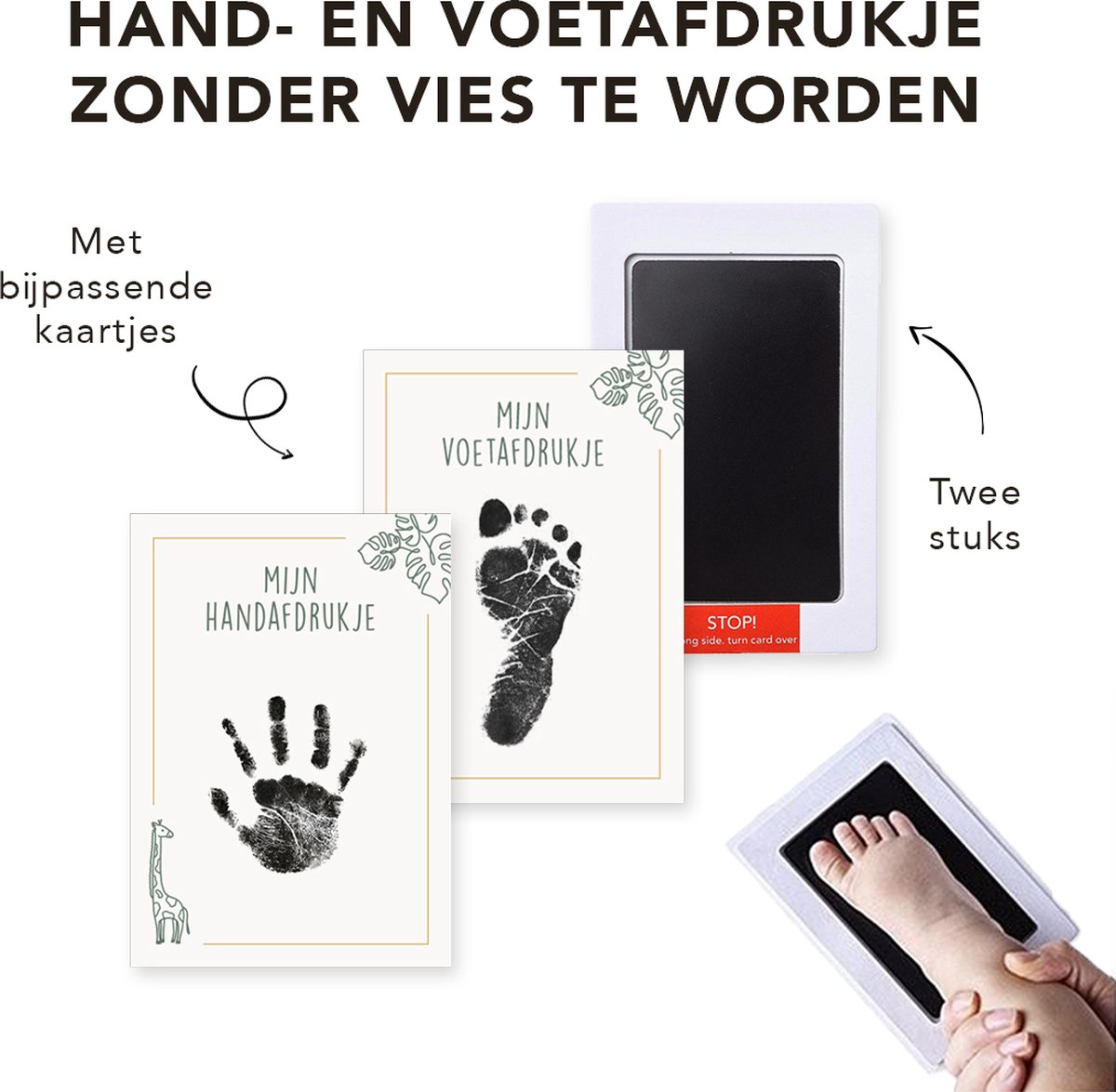 Goedkoopste Inktafdruksetje baby (2 stuks) met bijpassende kaartjes Giraf - Handafdruk baby en voetafdruk baby - Zwarte inktafdruk zonder vies te worden - Inkt afdruk baby