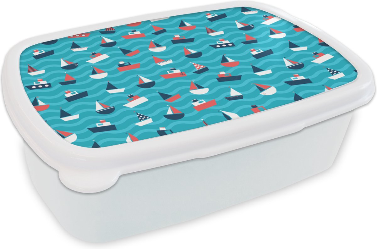 Broodtrommel Wit - Lunchbox - Brooddoos - Boten - Zee - Patroon - 18x12x6 cm - Volwassenen