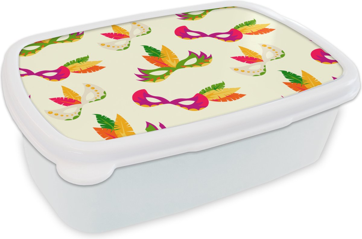 Broodtrommel Wit - Lunchbox - Brooddoos - Carnaval - Masker - Patronen - 18x12x6 cm - Volwassenen