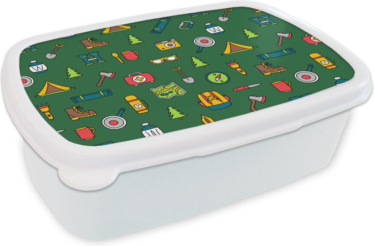 Broodtrommel Wit - Lunchbox - Brooddoos - Kamperen - Tent - Bijl - Backpack - 18x12x6 cm - Volwassenen