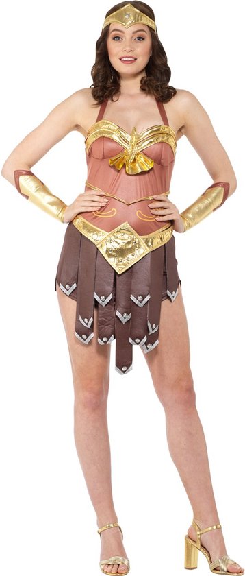 Karnival Costumes Gladiatorvrouw Kostuum Dames Carnavalskleding Dames Carnaval - Polyester - Bruin - Maat L - 3-Delig Jurk/Hoofdband/Arm Accessoires