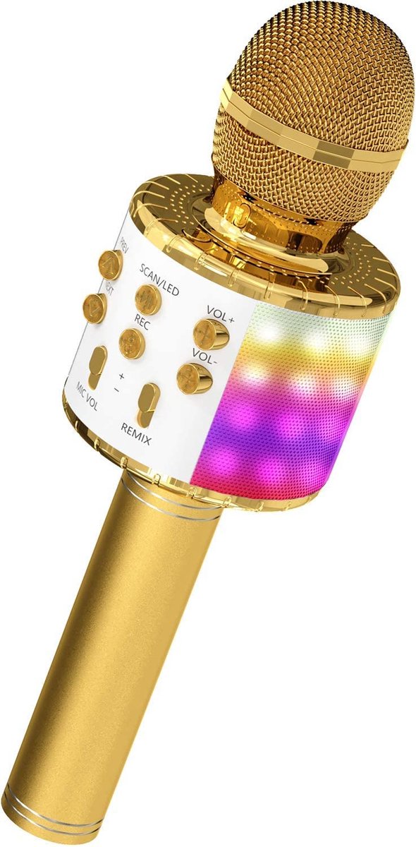 Sendo Karaoke Microfoon - Bluetooth - Draadloos - LED Verlichting - Stemvervormer - Goud